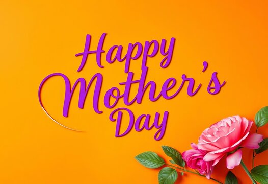 Vibrant orange background, elegant purple script "Happy Mother's Day", delicate white curved frame, greeting, cheerful