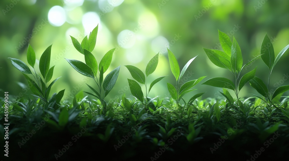 Poster lush green leaves sprouting from the ground in a serene forest setting with soft sunlight filtering 