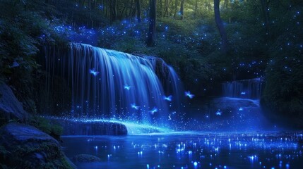 A beautiful waterfall in a magical forest at night