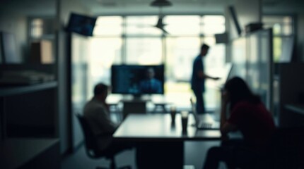 Fototapeta premium Silhouetted Office Workers: A Moody, Modern Workspace
