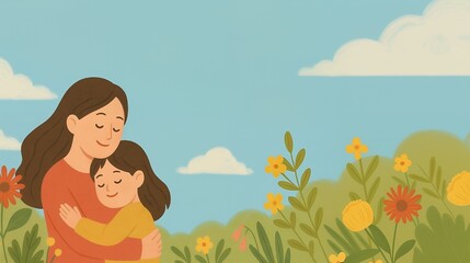 Mother and daughter hugging in a flower field. Flat cartoon illustration with blue sky, clouds, and blooming yellow and red flowers. Family love and Mother's Day concept. 