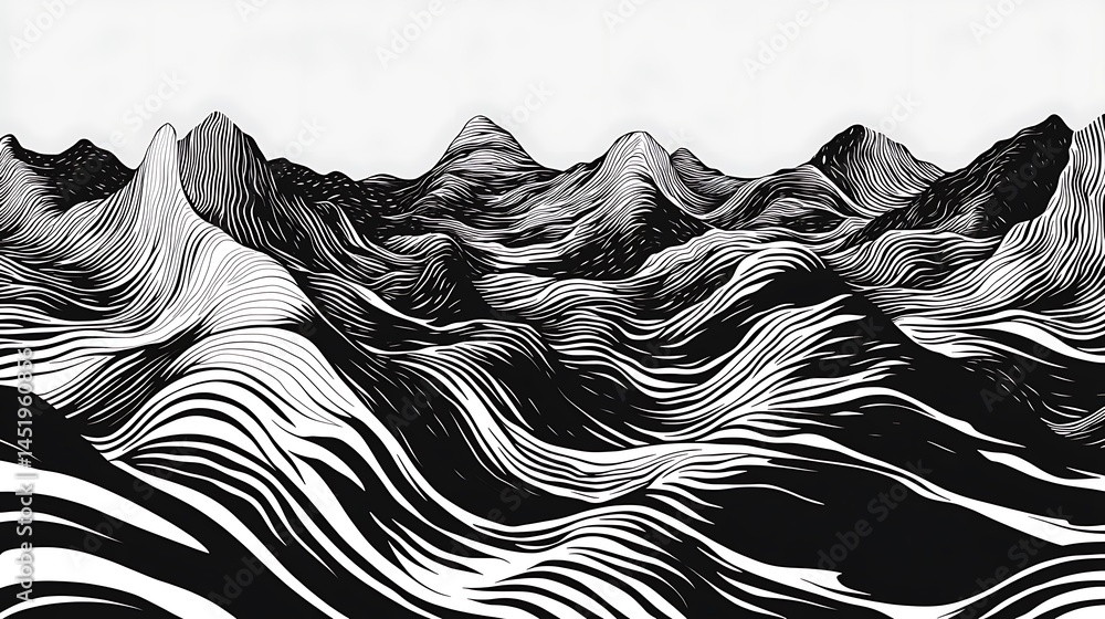Poster abstract black and white illustration of a mountainous landscape with a glitch effect. the image fea