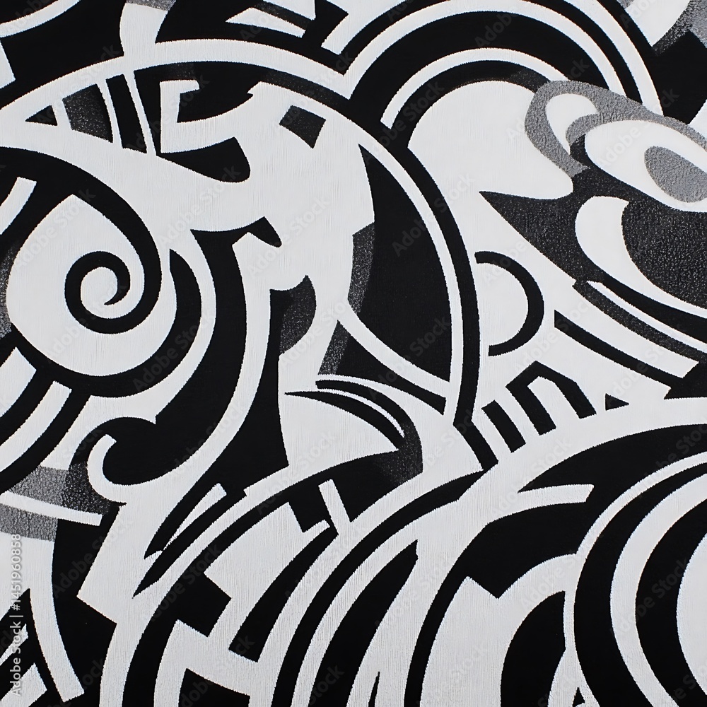 Poster abstract black and white pattern with geometric shapes and swirls. the design features a textured ba