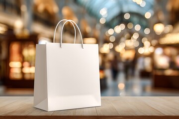  A white bag mockup on a wooden table with a blur supermarket background behind i