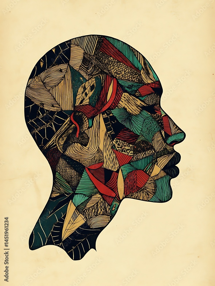Poster abstract portrait of a bald head in profile view, composed of colorful textured patterns and shapes 