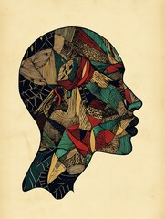 Abstract portrait of a bald head in profile view, composed of colorful textured patterns and shapes in teal, red, and beige tones against a vintage beige background. The image is detailed with