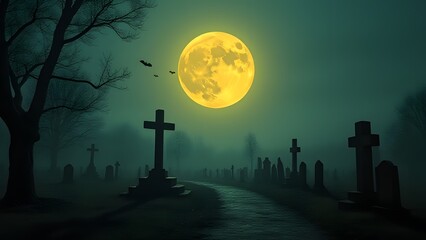 Spooky Graveyard at Night with Full Moon and Bats