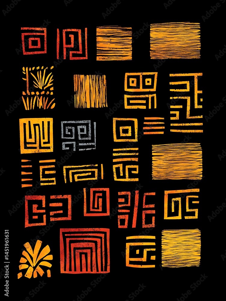 Poster abstract artwork featuring a collection of geometric shapes in warm tones against a black background
