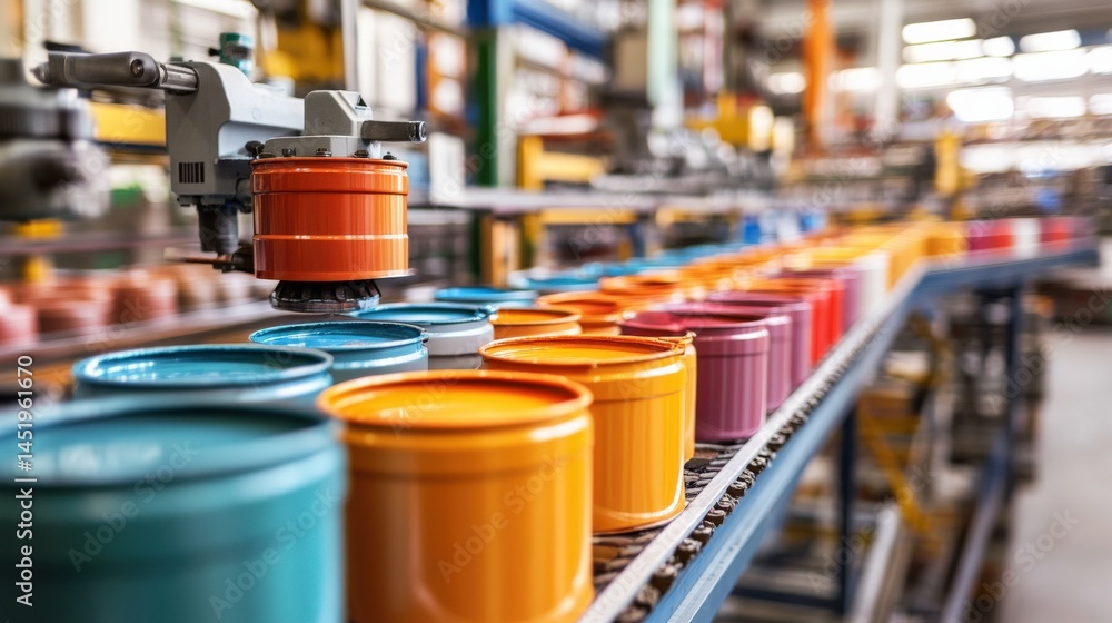 Poster automated production line showcasing colorful paint cans being processed in a factory setting