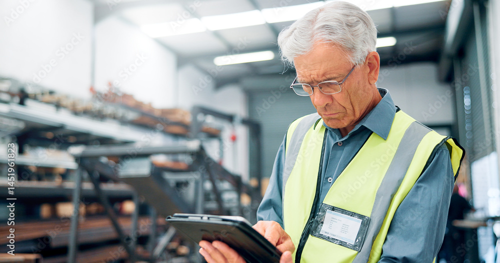 Poster man, engineer and tablet in factory for manufacturing, distribution schedule and task checklist. mat