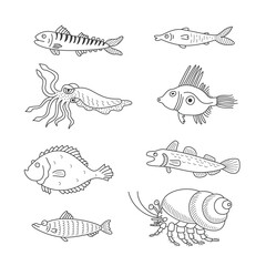 Set of monochrome vector doodle fishes and sea dwellers isolated on white background