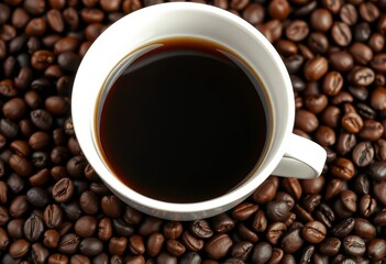 Fototapeta premium White porcelain cup filled with dark coffee sits atop a bed of roasted coffee beans, visual, aroma