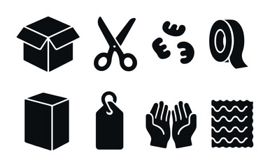 Packaging and craft solid icons set – silhouette, container, shipping symbols
