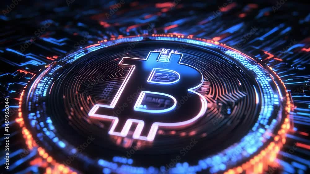 Poster a glowing bitcoin symbol is centered on a futuristic digital circuit board background.