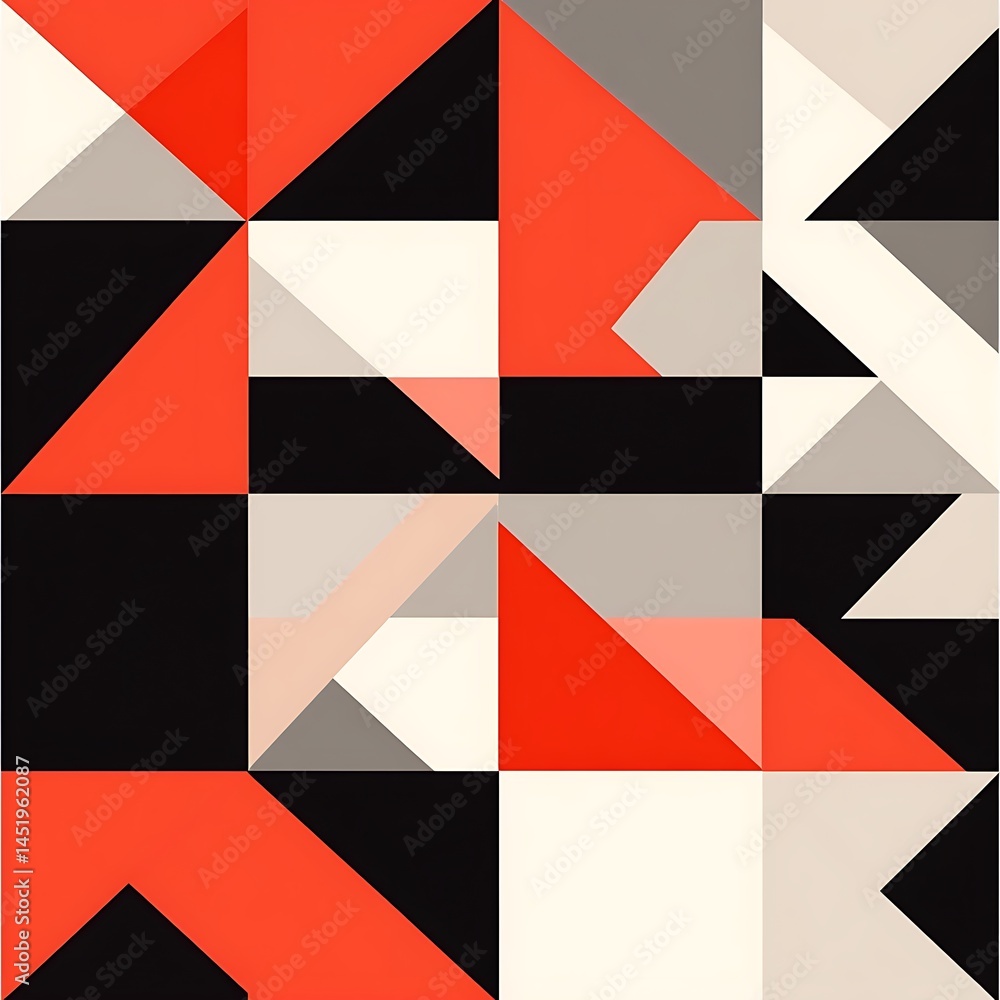 Poster abstract geometric artwork featuring a dynamic composition of red, black, white, and gray triangles.