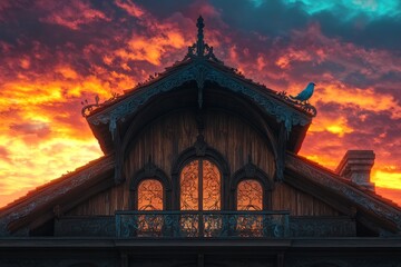 Fototapeta premium Ornate wooden structure rooftop at sunset.