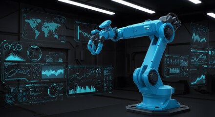 Blue Robotic Arm Displays Data Graphics