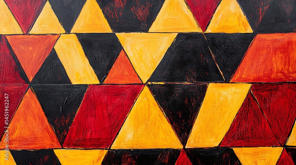 Poster abstract geometric pattern with black, red, and yellow triangles. the image features a repeating mot