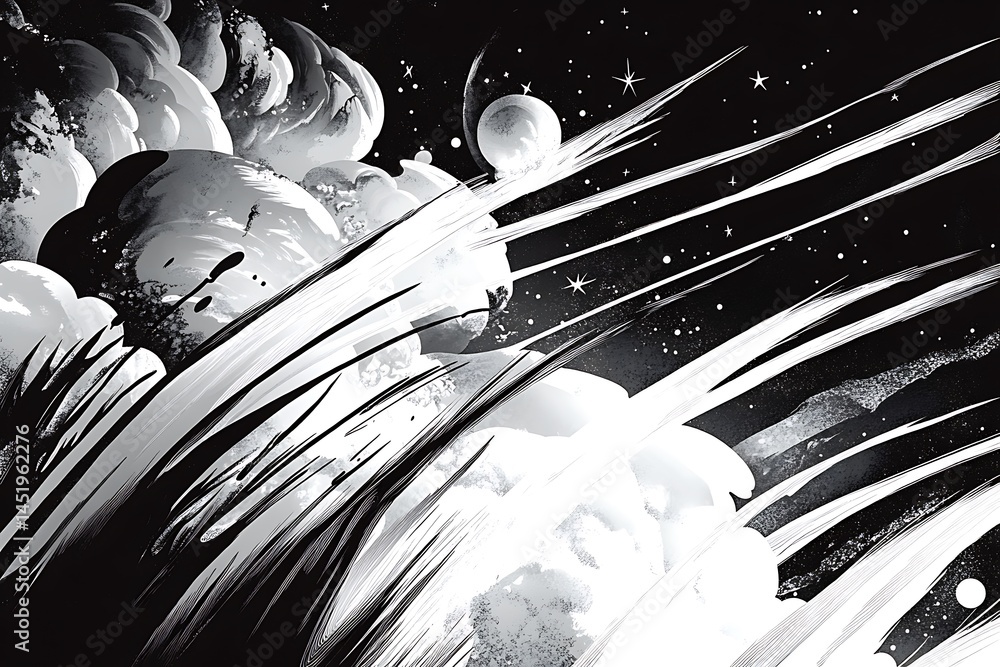 Poster abstract grayscale artwork depicting dynamic brushstrokes and swirling forms against a black backgro