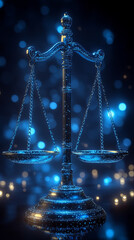 Glowing blue digital scale of justice symbolizing law and balance in futuristic setting