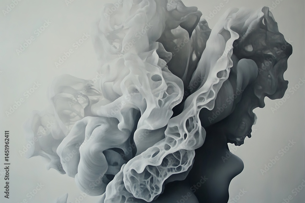 Poster abstract grayscale artwork depicting a dynamic, swirling cloud like form. the shades range from ligh