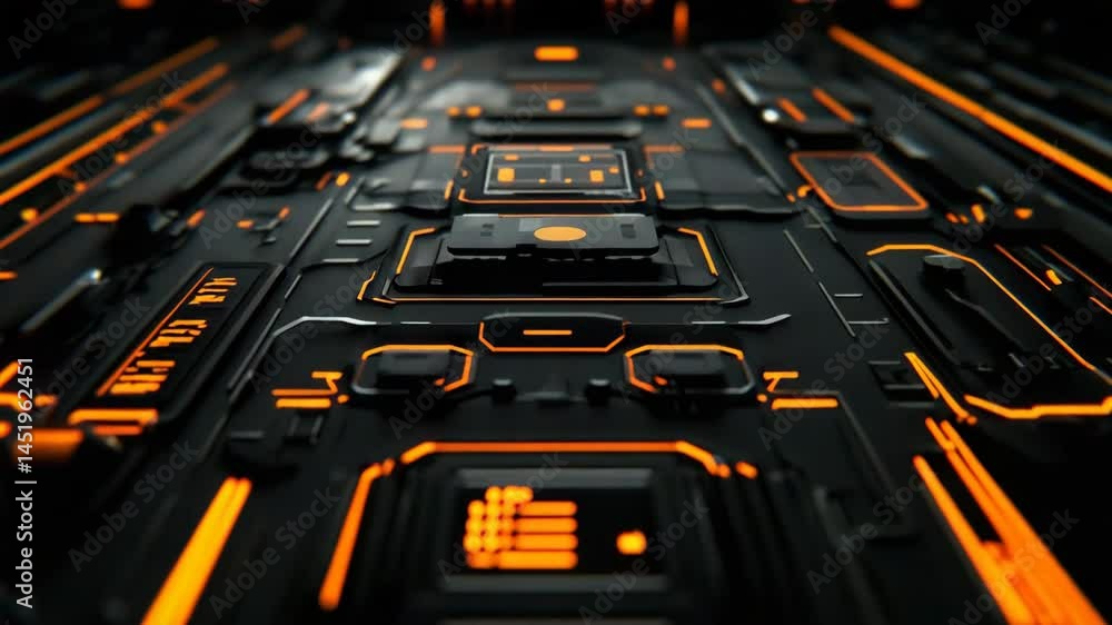 Poster a futuristic circuit board with glowing orange lines and intricate technology patterns in a dark env