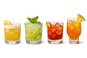 Four Refreshing Cocktails: A vibrant collection of four distinct cocktails, each showcasing unique colors, garnishes, and ice, is presented against a clean background.