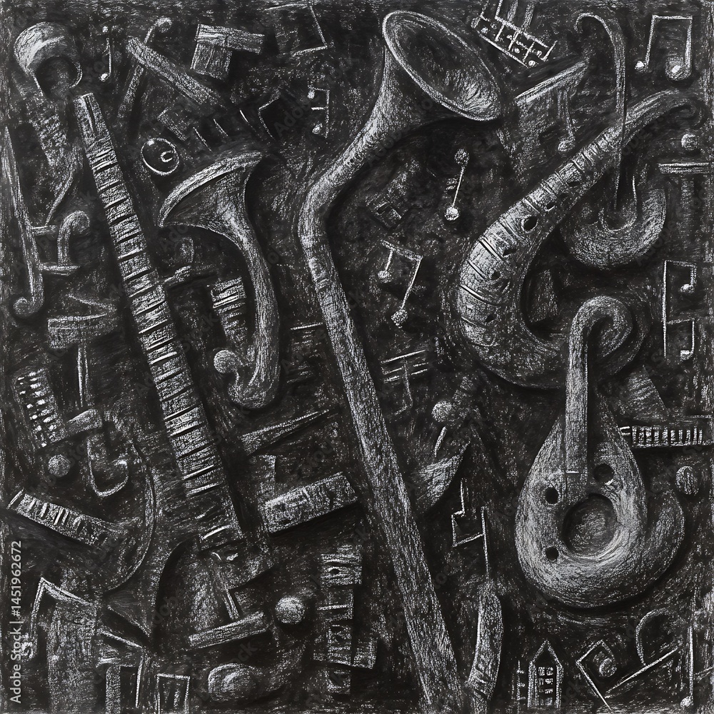 Poster abstract monochrome artwork featuring a chaotic arrangement of musical instruments and musical notes