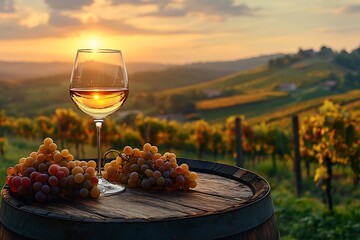 Wine glass and grapes on barrel with vineyard hills at sunset