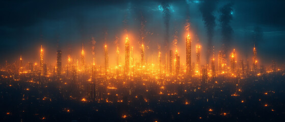 Glowing futuristic cityscape night with tall illuminated towers and smoke rising, dramatic