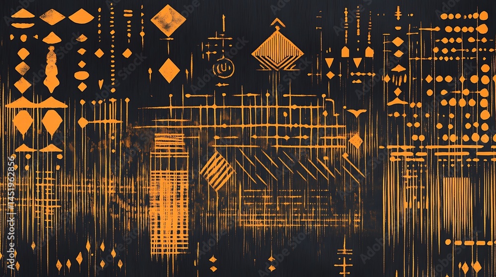 Poster abstract geometric pattern with orange and black color scheme. the design features various shapes, l