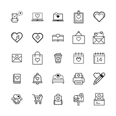 Fototapeta premium collection of heart-themed icons representing various objects and activities in a modern vector style.