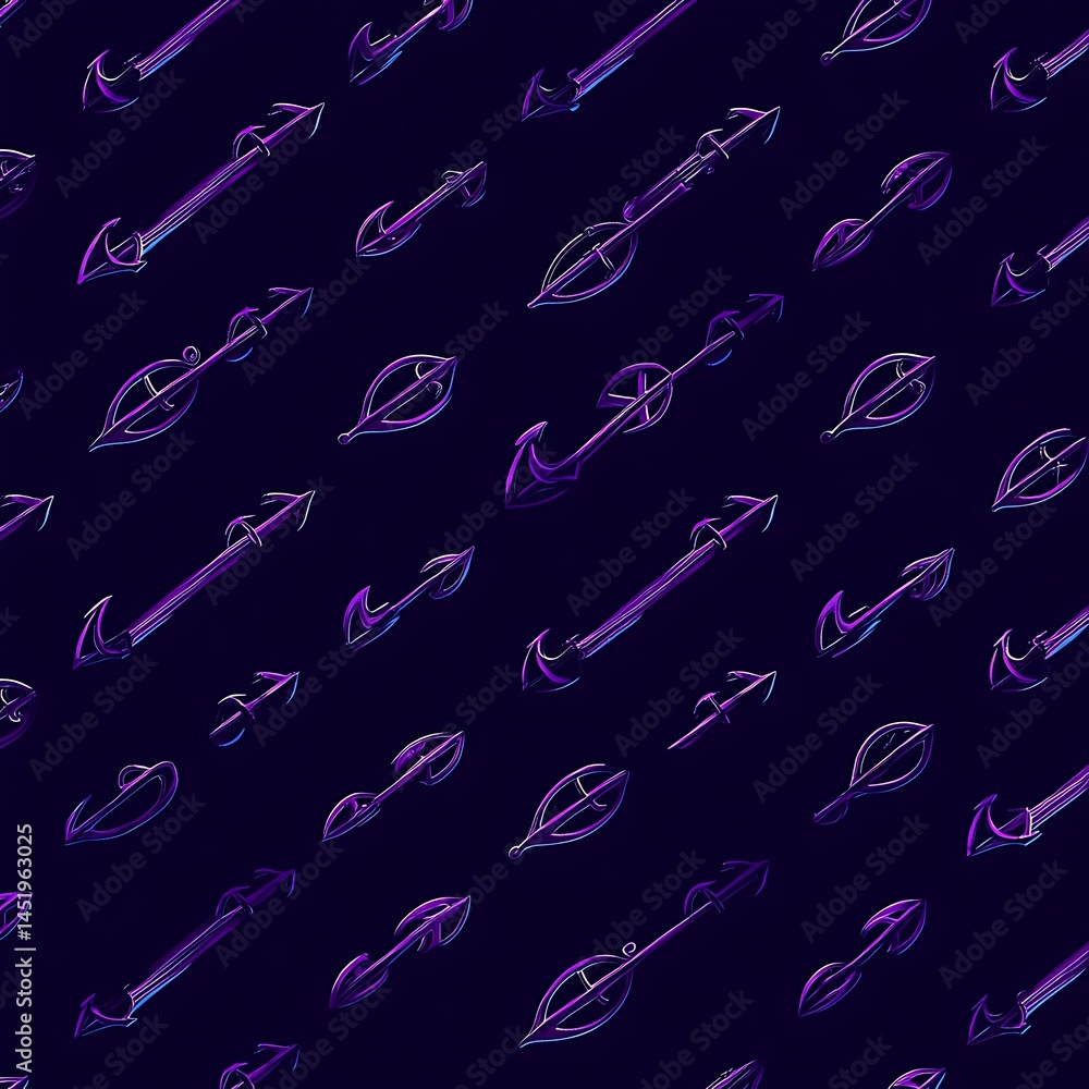 Poster abstract seamless pattern with purple and blue pixel art arrows on a dark background. the arrows are