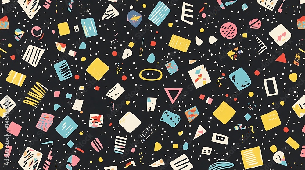 Poster abstract pixel art seamless pattern with geometric shapes, doodles, and various colors on a dark bac