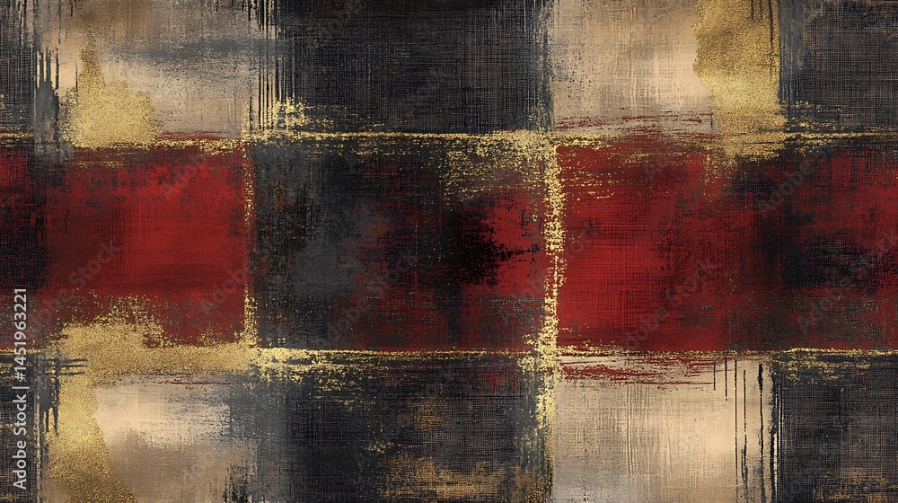 Poster abstract textured pattern with red, beige, and black squares. gold accents highlight the grid like s