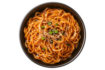 Cooked Asian Dan Dan noodles with minced meat, chili and basil in ceramic bowl, isolated on white transparent background, concept of tasty lunch