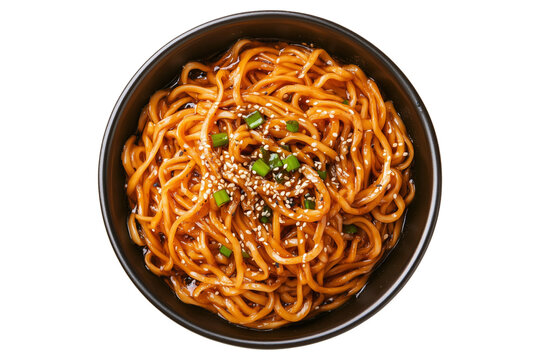 Cooked Asian Dan Dan noodles with minced meat, chili and basil in ceramic bowl, isolated on white transparent background, concept of tasty lunch