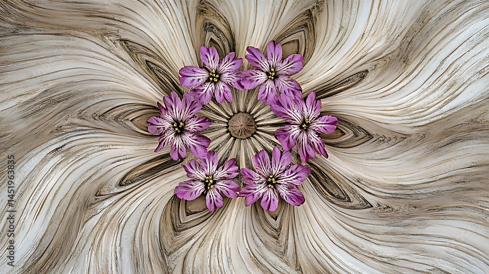 Poster abstract image featuring a central circular design of purple flowers encircled by swirling beige and