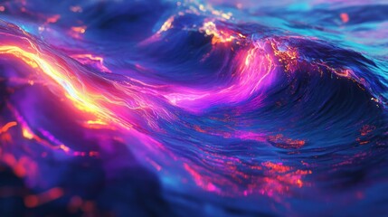Glowing and colorful waves are surging across an abstract artwork