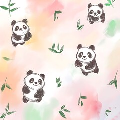 Watercolor style illustration of adorable pandas amidst soft pastel colors and scattered bamboo leaves. The overall aesthetic is gentle and playful