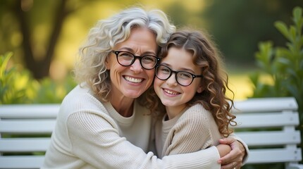 Fototapeta premium Tender Mother-Daughter Moment on Park Bench in Natural Light, Loving mother and daughter bonding, wearing matching eyeglasses, hugging closely on white park bench under bright sunlight