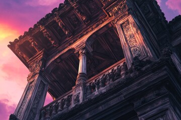 Ornate, weathered structure against a vibrant sunset sky.