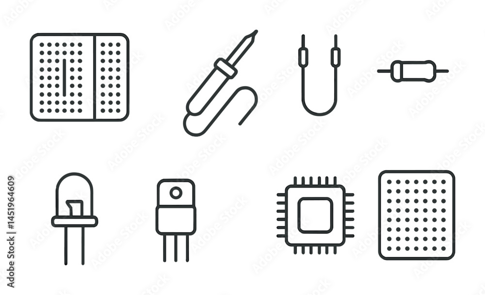 Poster electronics outline icons set – components, circuit, tech symbols