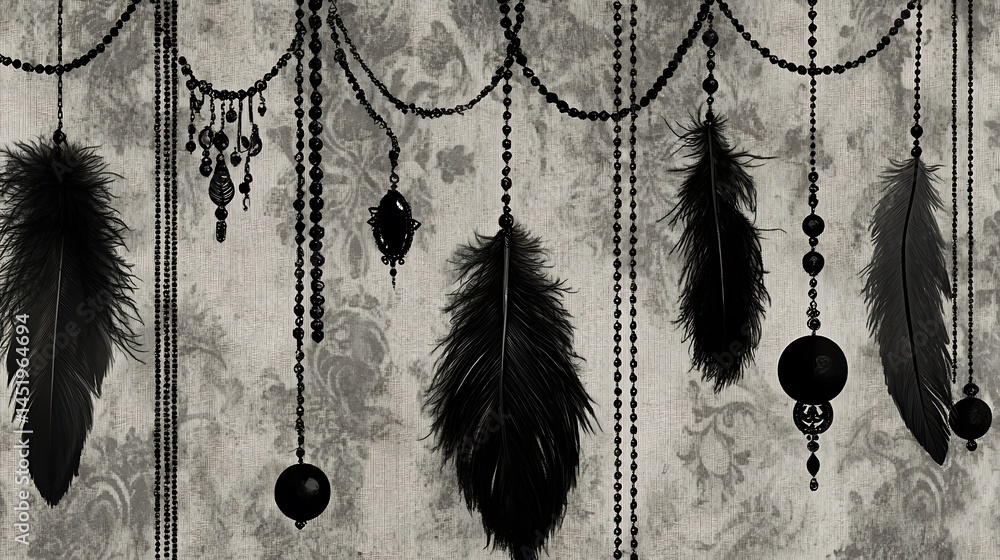 Poster black and white image featuring a textured background with vertical lines, adorned with hanging blac