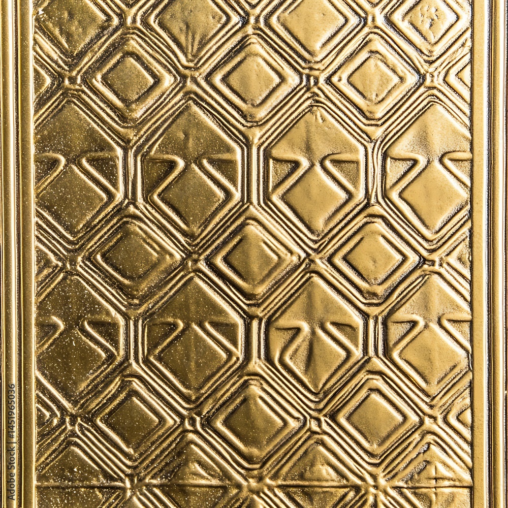 Poster close up view of a gold colored textured surface with a repeating geometric pattern. the pattern con
