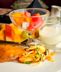 Colourful healthy breakfast with fruit, vegetables, pancake, yogurt 
