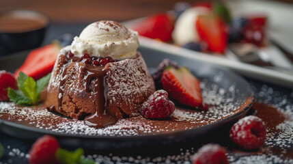 Indulgent Chocolate Lava Cake Dessert: A rich, molten chocolate cake oozing with warm ganache, artfully plated with a scoop of vanilla ice cream, fresh strawberries, raspberries, blueberries, powdered