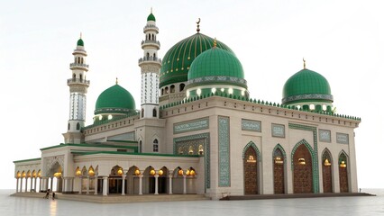 "Frontal view of the shrine of Bari Imam in Islamabad, with green domes and decorative lights, on a white PNG background"

