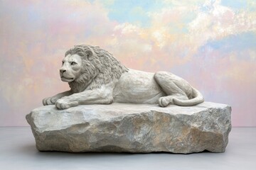 Fototapeta premium Sculpted lion resting on a large rock formation.