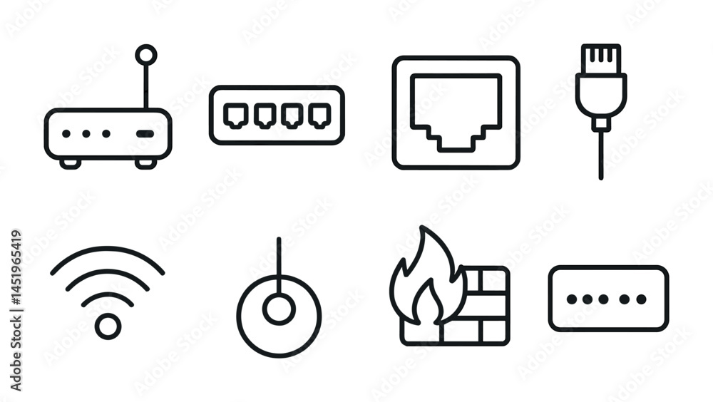 Aufkleber network and security icons set – outline, linear, router and connection symbols